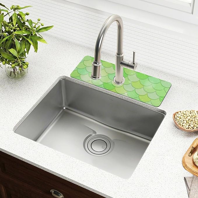 Kitchen Sink Splash Guard 2 PCS 14.7 Inch Sink Faucet Mat Splash Guard for Bathroom Countertop Water Absorbent Foldable Cuttable Soft Washable Green Fish Scale