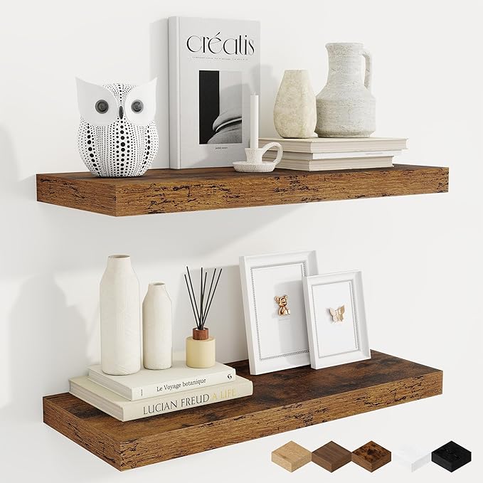 Fun Memories 24 Inch Floating Shelves for Wall, 9 Inch Deep Brown Rustic Wood Wall Mounted Shelves for Bathroom, Kitchen, Living Room, Set of 2