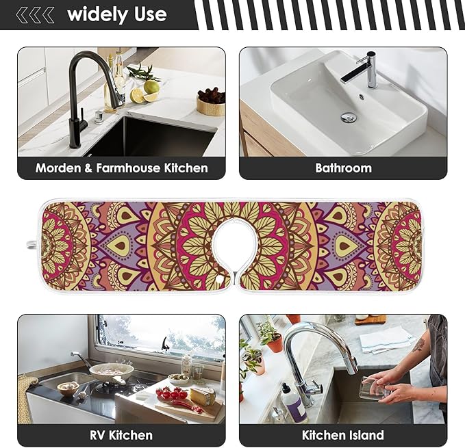 Sink Faucet Absorbing Mat Kitchen Sink Splash Guard Splash Faucet Drip Catcher for Bar RV Bathroom 2PCS 23.6x5.5in Mandala Pattern Purple and Orange