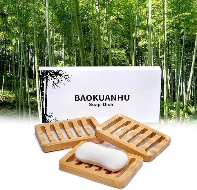 3 Pack Bamboo Wood Soap Dish Bar Soap Holder with Self Draining Tray Natural Waterfall Drain Soap Saver for Shower Bathroom Kitchen