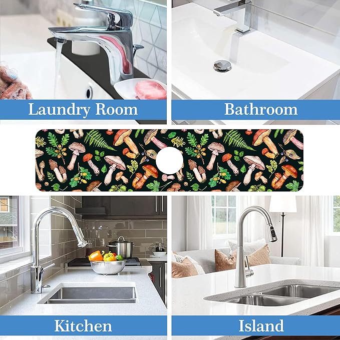 Mushroom Fern Leave Acorn Faucet Mat for Kitchen Sink Watercolor Forest, Soft Diatom Mud Material, Strong Water Absorption, Non-slip, Easy to Clean for Bathroom, Kitchen 23.5"X5.5"
