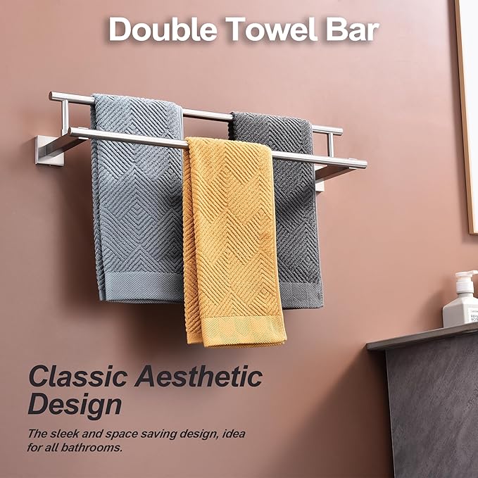 Bath Double Towel Bars, Towel Racks SUS304 Stainless Steel, Towel Holder for Bathroom Wall Mount, Towel Hanger Rail Accessories, 2-Tiers (Brushed Nickel, 24 Inch)