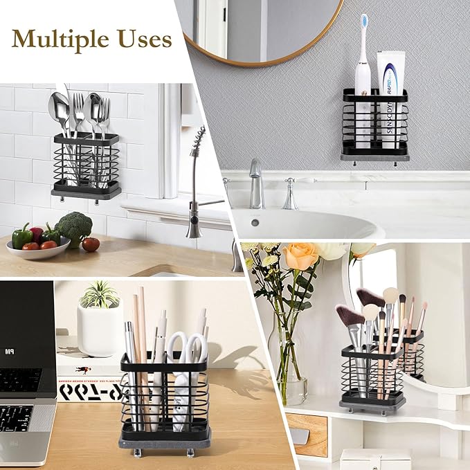 Shinowa Fast-Dry Wall Mounted Toothbrush Holder with Diatomaceous Earth Tray, Stainless Steel Electric Toothbrush & Toothpaste Organizer, No-Drill Adhesive or Countertop Bathroom Holder, 2 Slots