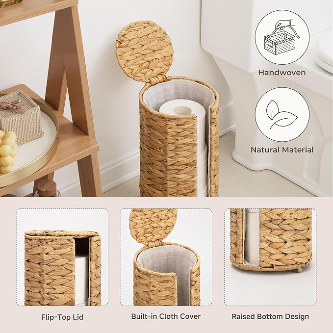 StorageWorks Water Hyacinth Free Standing Toilet Paper Holder Stand for Bathroom, 3 Rolls of Toilet Tissue Storage with a Built-in Cloth Lining, Toilet Roll Holder Stand with Lid (Pack of 2)