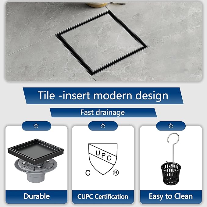 Neodrain 6-Inch Square Shower Drain with Removable Tile Insert Grate, 304 Stainless Steel, Includes PVC Shower Drain Base Hair Strainer, Matte Black