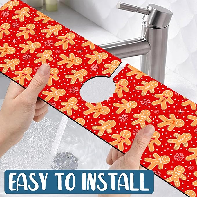 Christmas Merry Xmas Sink Splash Guard Santa Claus Faucet Absorbing Mat Fast Drying Mat Sink Gadgets Splash Guard Behind Faucet Drip Catcher for Kitchen Bathroom, 23.5"x5.5"