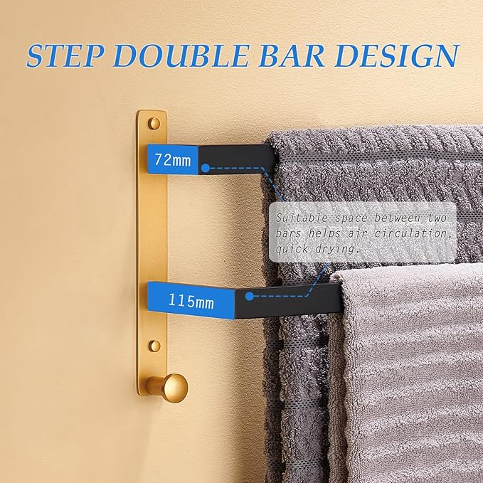 24 Inch Double Towel Bar with Hooks Black & Gold, Wall Mounted Towel Holder for Kitchen Bathroom, Stainless Steel Towel Rack