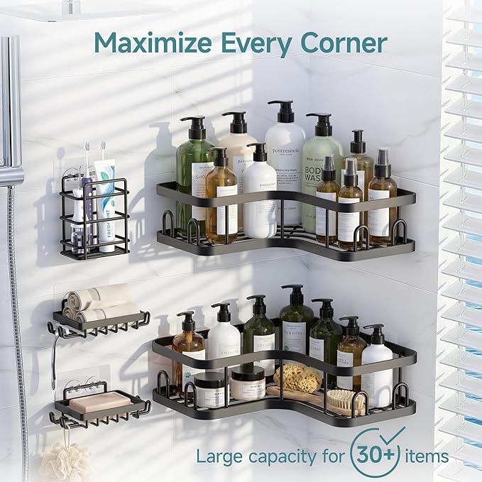 Veken Corner Shower Caddy 5-Pack, Advanced Rustproof Design, No Drilling Adhesive Shelves, Rack with Soap Holder, Large Capacity Bathroom Organizers and Storage, Wall-Mounted Kitchen & Home Decor