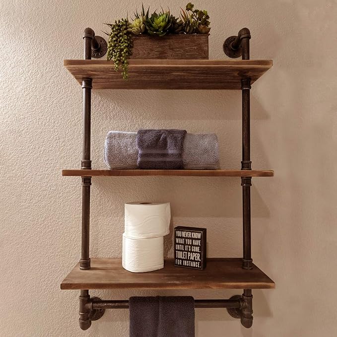 MBQQ 3 Tier Shelving Bathroom Pipe Shelves with Towel Bar Over Toilet, 24 inch Pine Wood Floating Shelves for Wall Mounted Bedroom,Kitchen, Farmhouse, Living Room