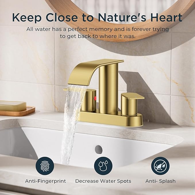 FORIOUS Brushed Gold Bathroom Sink Faucet, Waterfall 4 Inch Centerset Bathroom Faucets with Metal Pop up Drain and cUPC Hose for Basin, Vanity, RV, Lavatory 2 or 3 Hole Sink