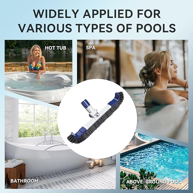 19" 2 in 1 Detachable Curved Edge Pool Brush Head for Inground/Above Ground Pool, Adjustable 180° Handle Rotation, ASA Material Pool Brush for Cleaning Pool Walls, Waterline Tiles & Floors