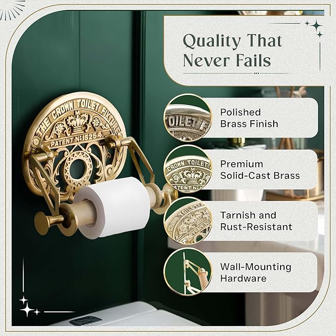 Bright Brass Wall Mount Toilet Paper Holder 7.25" Wide Vintage Crown Style Solid Brass Easy Install Toilet Tissue Paper Holders with Wooden Roll for Bathroom | Renovators Supply Manufacturing