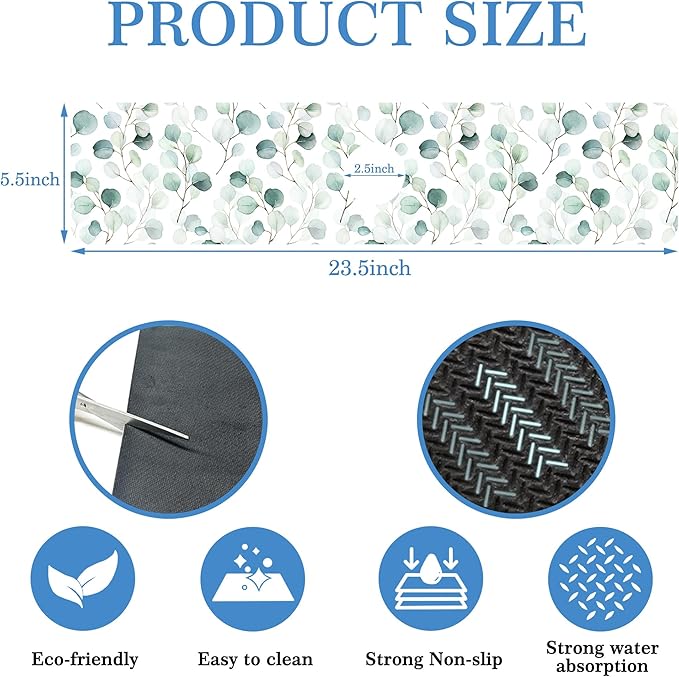 Faucet Mat for Kitchen Sink Watercolor Green Leave Branche, Soft Diatom Mud Material, Strong Water Absorption, Non-slip, Easy to Clean for Bathroom, Kitchen 23.5"X5.5"
