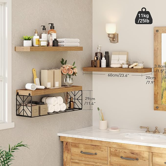 Floating Shelves for Wall, 23.6" Wall Mounted Shelves Set of 3, 1.5" Thick Hanging Shelf Storage, Farmhouse Decor for Bathroom, Toilet, Bedroom, Living Room, Kitchen, Rustic Brown 6001BJBF
