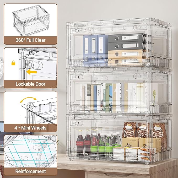 BROVIEW 240Qt Stackable Storage Bins with Lids Wheels, XL Clear Plastic Drawers Foldable Closet Organizers and Storage Cabinet Display Box Shelves with Front & Back Doors, for Home Office Garage,3Pack