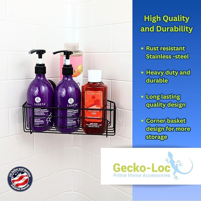 Gecko-Loc Corner Bathroom Shower Caddy shelf organizer suction cup wall storage basket - bath kitchen shampoo accessories shelves organizers caddies - Black