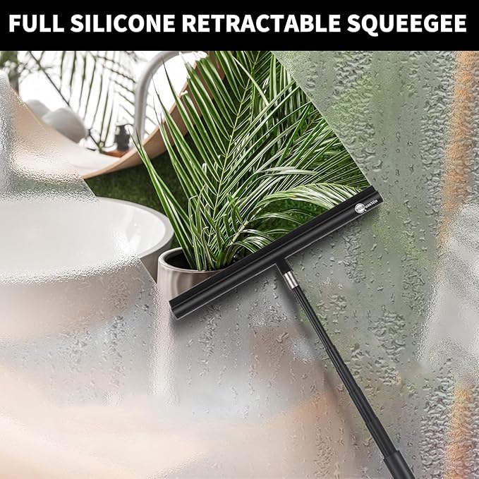 12 Inch Squeegee Shower Doors,Shower Squeegee with Long Handle,Extension Pole Squeegee, Bathroom Squiggy for Shower Glass,Car,Windshield, Doors,Up to 47 Inch,Black