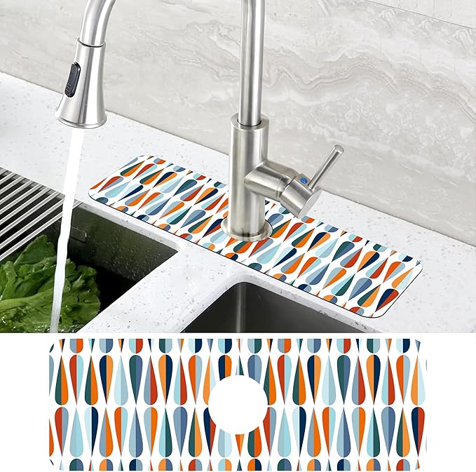 Mid-Century Drop Shapes Kitchen Sink Splash Guard Mat Absorbent Fast Drying Mat Faucet Draining Mat Sink Splash Guard Behind Faucet Drip Catcher for Kitchen Bathroom 5.5"×15"