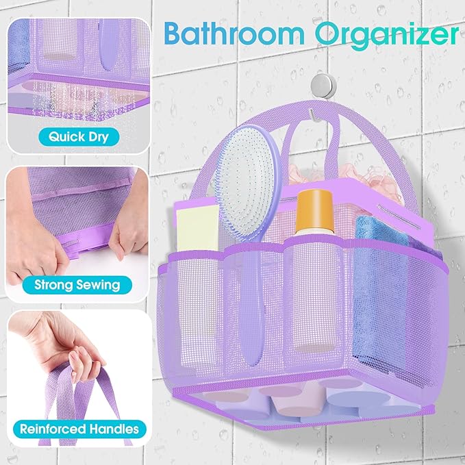 Mesh Shower Caddy Portable with Drawstring, 1 Main Compartment+ 7 Pockets, College Dorm Room Essentials for Girls, Shower Organizer Hanging Bag for Beach, Camp, Swim, Gym, Travel