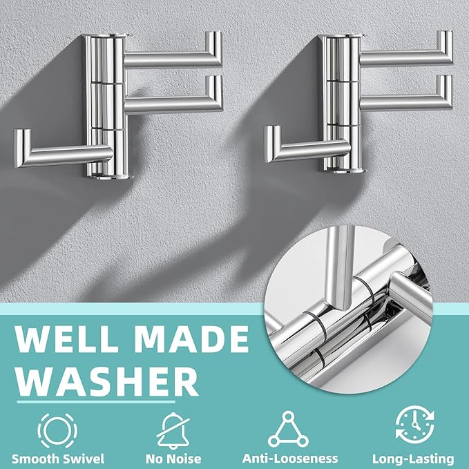 APLusee Polished Chrome Swivel Towel Hook 2 Pack, 304 Stainless Steel Coat Hook with 3 Arms, Wall Mounted