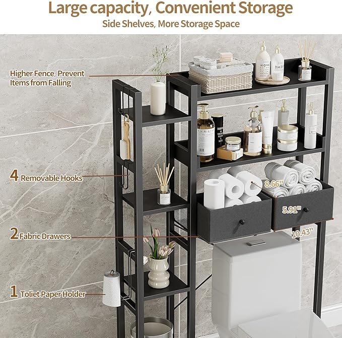 Housolution Over The Toilet Storage with 2 Drawers, 7 Tier Over Toilet Bathroom Organizer with Height Adjustable Shelves and Hooks, Space Saver Above Toilet for Bathroom/Restroom/Laundry, Black
