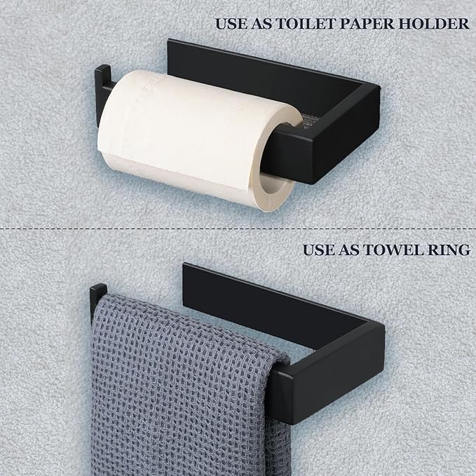 SAYAYO Self Adhesive Toilet Paper Holder Wall Mount, Modern Matte Black Stick on Toilet Paper Roll Holder for Bathroom Square, SUS304 Stainless Steel Turn Left Direction