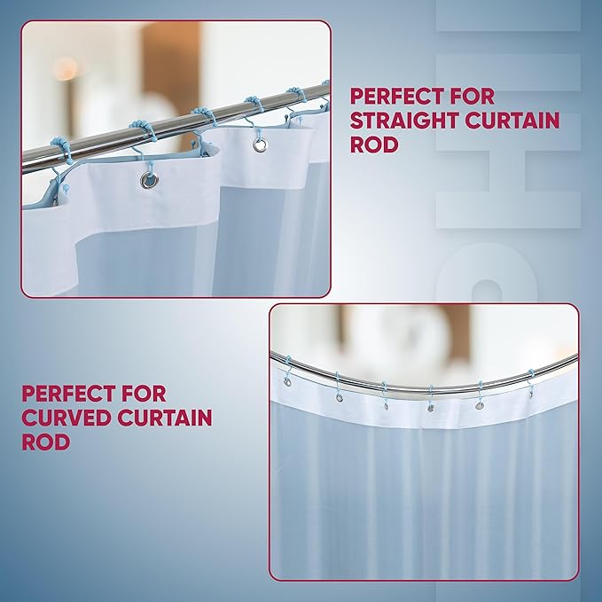Shower Curtain Hooks Rust Proof (Set of 12) - Stainless Steel Shower Curtain Rings - Anti Slip Roller Balls for Easy Glide (Double Anchor Hooks, Sky Blue)