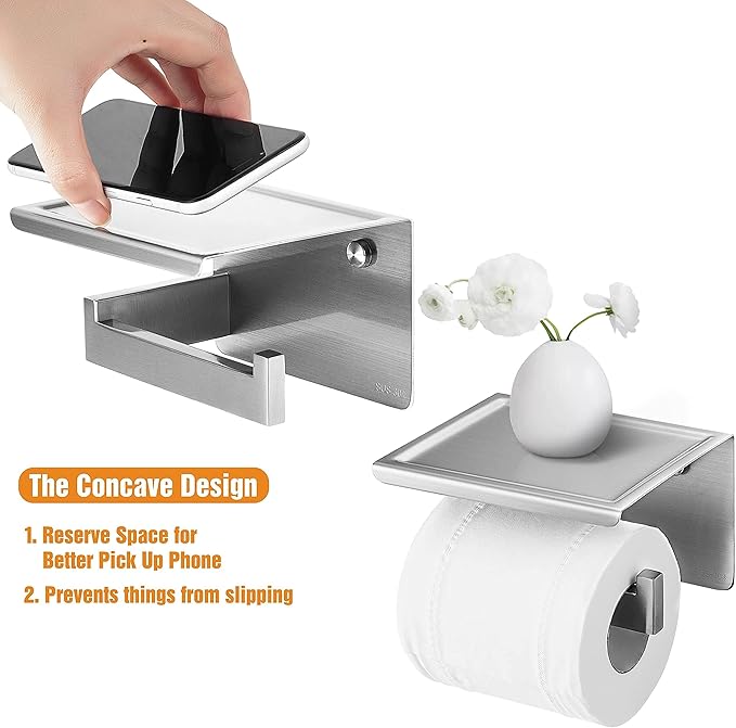 HITSLAM Brushed Nickel Silver Toilet Paper Holder, Stick on Silver Toilet Paper Holder with Shelf, Self Adhesive No Drill or Wall-Mount with Screws for Bathroom