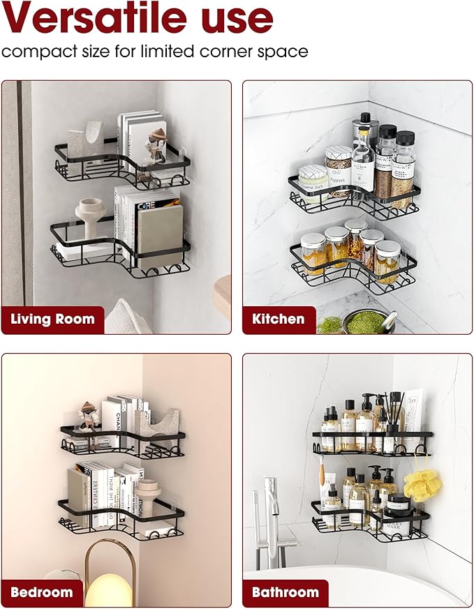 Corner Shower Caddy - 2 Pack, Adhesive Shower Organizers, Rustproof Stainless Steel Shower Shelves with 8 Hooks, No Drilling Bathroom Organizers and Storage Racks, Space-Saving, Black,Medium | Rustproof, Shower Shelves, 8 Hooks, Bathroom Organizers, St...
