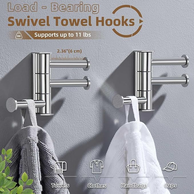 APLusee Swivel Towel Hooks Polished Chrome, 304 Stainless Steel 3 Arms Foldable Bathroom Robe Towel Hook, Shower Coat Hook, Wall Kitchen Holder, 2 Pack