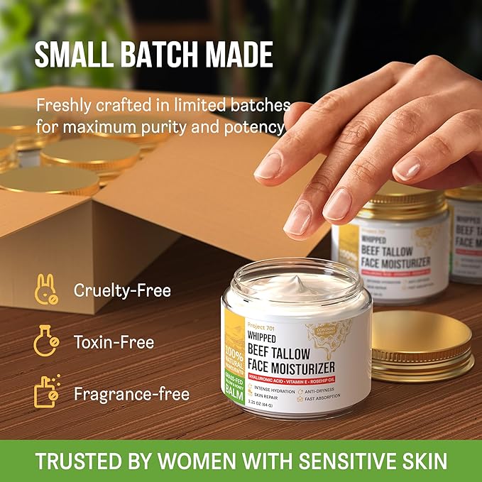 Beef Tallow Face Moisturizer - Grass Fed Tallow & Honey Balm with Liposomal Hyaluronic Acid in Glass Jar - Natural Anti Aging Day & Night Cream for Dry Sensitive Skin - 2.25 oz