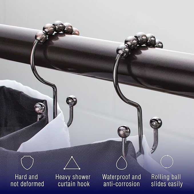 2lbDepot Shower Curtain Rings Hooks - Bronze Finish - Premium 18/8 Stainless Steel - Oil Rubbed Double Hooks with Easy Glide Rollers Rust Resistant - Six Finishes Available - Set of 12 for Shower Rod