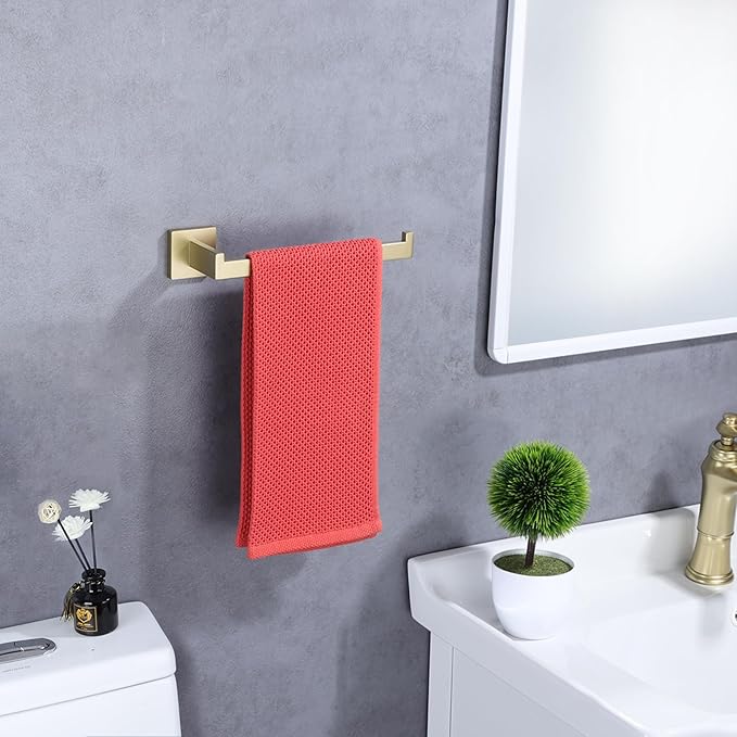 LANC Bathroom Hand Towel Holder Brushed Gold Hand Towel Bar 10 Inche Right Side Square Towel Ring for Kitchen Restroom Wall Mounted Stainless Steel Modern Towel Racks Hanger, A8806BG