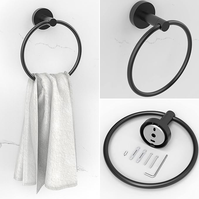 3pc Bathroom Hardware Set with Matte Black Toilet Paper Holder, Towel Ring, Towel Bar SUS304 Stainless Steel Toilet Paper Roll Holder Wall Mount, Bathroom Towel Holder, Towel Rack Set