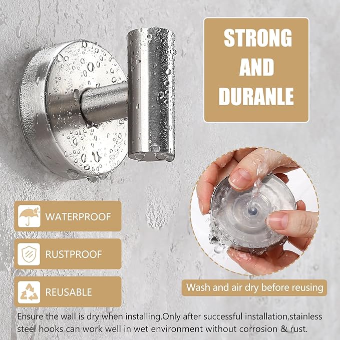 Towel Hooks Shower Suction Hook Towel Hanger for Bathroom Hanging Coat, Robe, Removable Wall Mounted Hook for Bedroom Kitchen Hotel Pool Brushed Nickel(2-Pack)