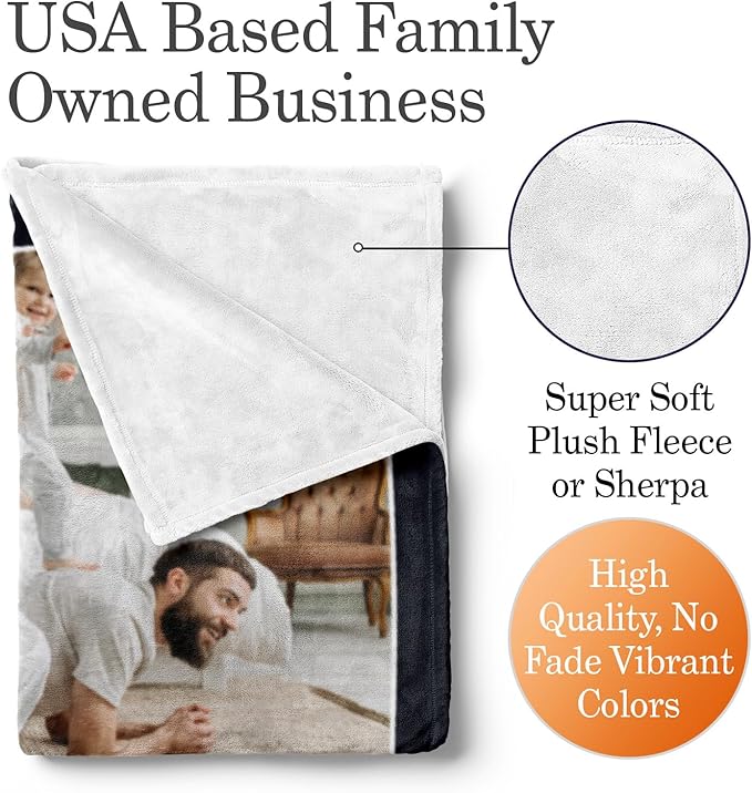 Ships Next Day, Custom Blanket with Picture and Text - Printed in USA, Personalized Photo Blanket with Text (Sherpa 50x60)