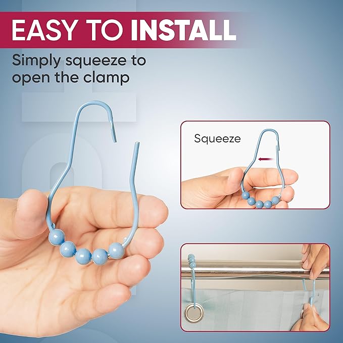 Shower Curtain Hooks Rust Proof (Set of 12) - Stainless Steel Shower Curtain Rings - Anti Slip Roller Balls for Easy Glide (Secure Lock Hooks, Sky Blue)