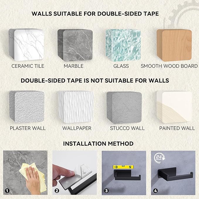 LANC Self-Adhesive Toilet Paper Holder, Matte Black Toilet Tissue Holder Wall Mounted for Bathroom Kitchen, Stick On Paper Roll Holder with No Drilling Rustproof Stainless Steel, A8307MB