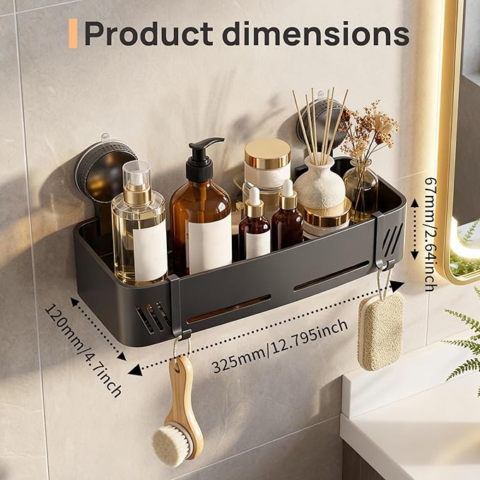 2-Tier 304 Stainless Steel Suction Cup Square Shower Caddy, Rustproof No Drilling Bathroom Square Storage Shelf