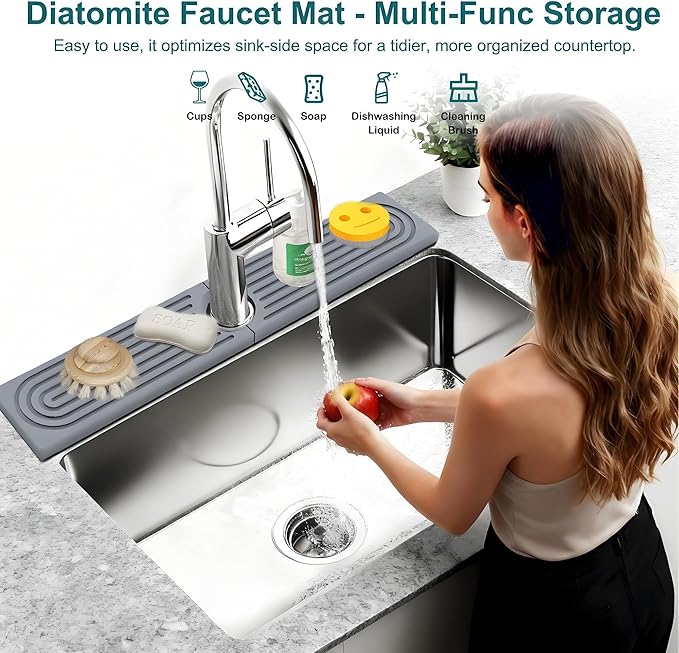 Diatomite Stone Faucet Mat for Kitchen Sink(23.6" x 3.9")- Super Absorbent & Quick-Drying Sink Faucet Mat, Durable Kitchen/Bathroom Sink Protector Sink Stone Quick Dry Around Faucet Christmas Gifts