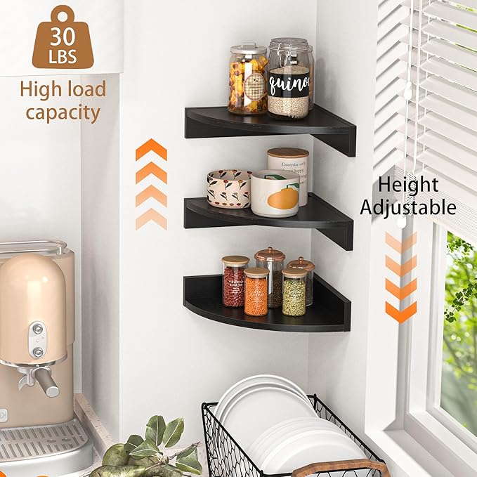Fun Memories Corner Shelf Wall Mount, Wood Floating Corner Shelves, Corner Wall Shelf for Bedroom, Bathroom, Kitchen, Living Room (Black, 3 Pack)