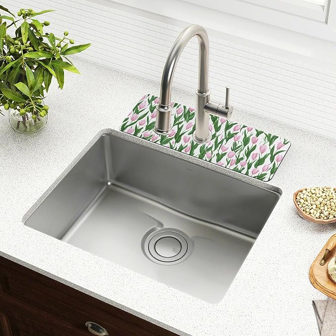 Kitchen Sink Splash Guard 1 PC 14.7 Inch Sink Faucet Mat Splash Guard for Bathroom Countertop Water Absorbent Foldable Cuttable Soft Washable Small Tulips Pink