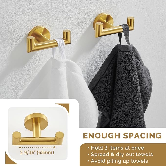 Angle Simple Towel Double Hook Brassy Gold 2 PCS, SUS304 Stainless Steel Bathroom Hand Towel Holder, Double Robe Hook, Wall Mount