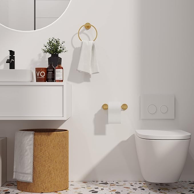 Gold Toilet Paper Holder & Towel Ring SUS304 Stainless Steel 2pc Bathroom Hardware Set with Double Post Pivoting Toilet Paper Roll Holder Wall Mount & Bathroom Towel Holder Set