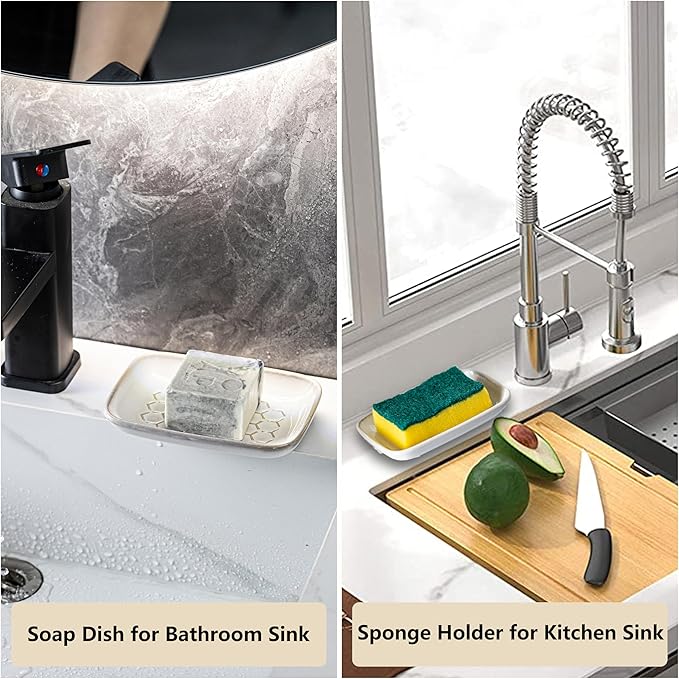 Gomakren Soap Dish for Shower, Ceramic Bar Soap Holder with Honeycomb Design - Soap Saver Tray for Bathroom Kitchen Sink, Sponge & Organizer Tray, Upscale Look, 5.5 Inch, Beige
