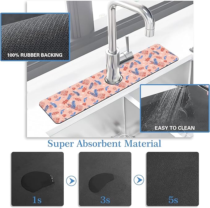 Faucet Mat Splash Guard Christmas Gingerbread Man Feather Bell, Soft Diatom Mud Material, Strong Water Absorption, Non-slip,Easy to Clean for Bathroom, Kitchen 23.5"X5.5"