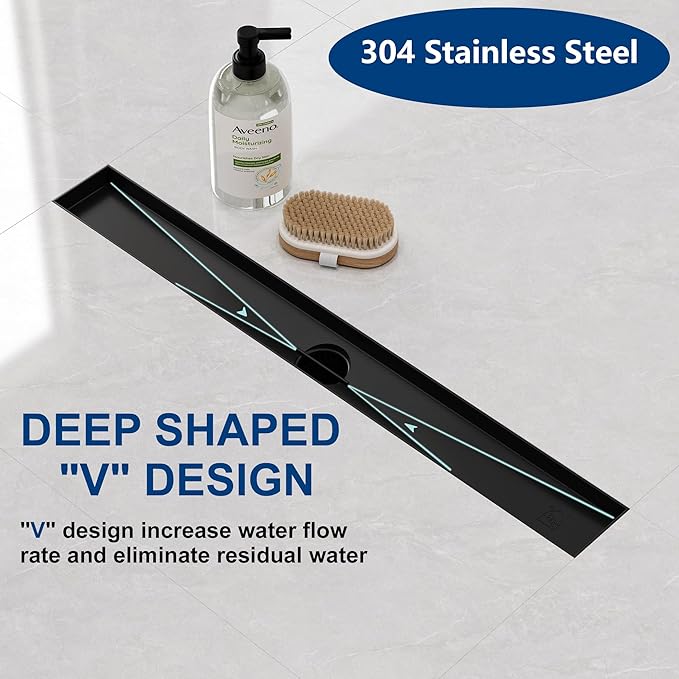 Neodrain 18-Inch Matte Black Linear Shower Drain, 2-in-1 Flat & Tile Insert Cover, Stainless Steel Linear Drain, Rectangle Shower Floor Drain with Hair Strainer, Shower Drain Base