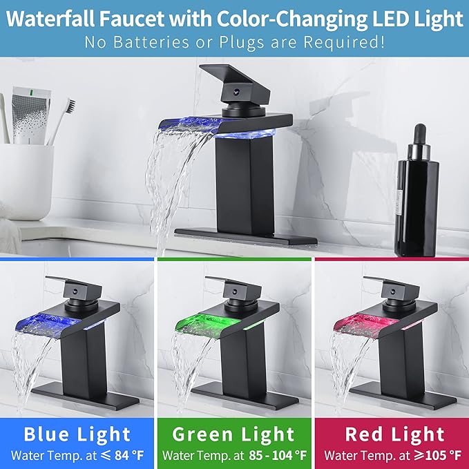 LED Bathroom Sink Faucet - Matte Black Single Hole or 4 Inch Centerset Waterfall Faucet with Stainless Steel Spout and Temperature-Sensitive LED Lights, Includes Deck Plate