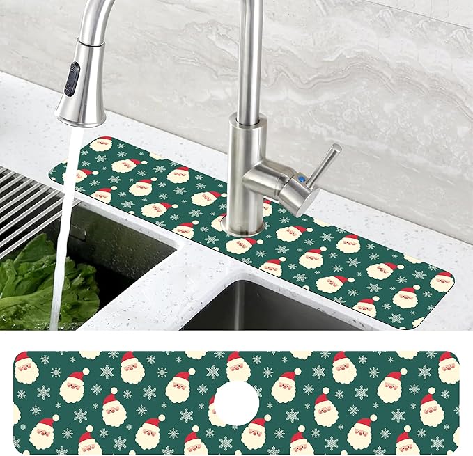 Christmas Kitchen Sink Splash Guard Mat Santa Claus and Snowflakes Sink Splash Guard Faucet Mat Draining Mat Fast Drying Sink Protectors for Kitchen and Bathroom 5.5"×24"