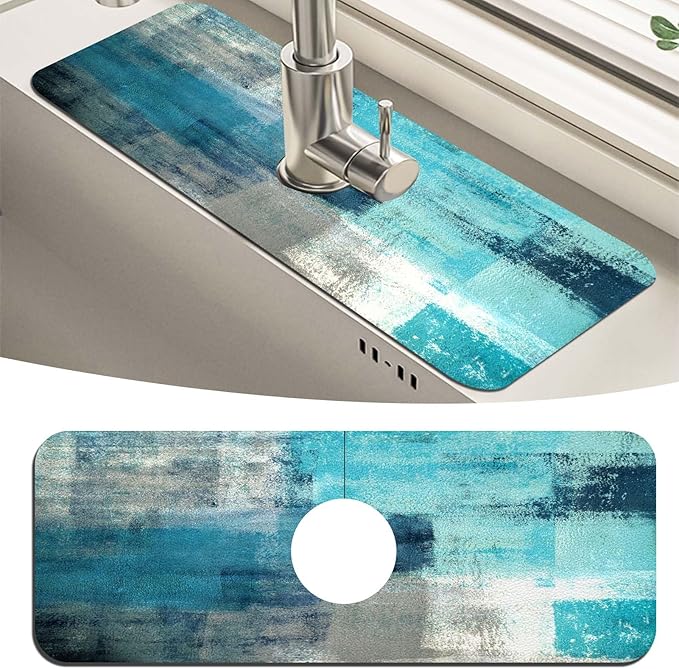 MCALK Turquoise Kitchen Sink Faucet Mat Splash Guard, Absorbent Quick-Dry Kitchen Sink Mat - Ideal for Splash Guard & Drip Catching with Abstract Art Decor( 1pc 15"x5.5")